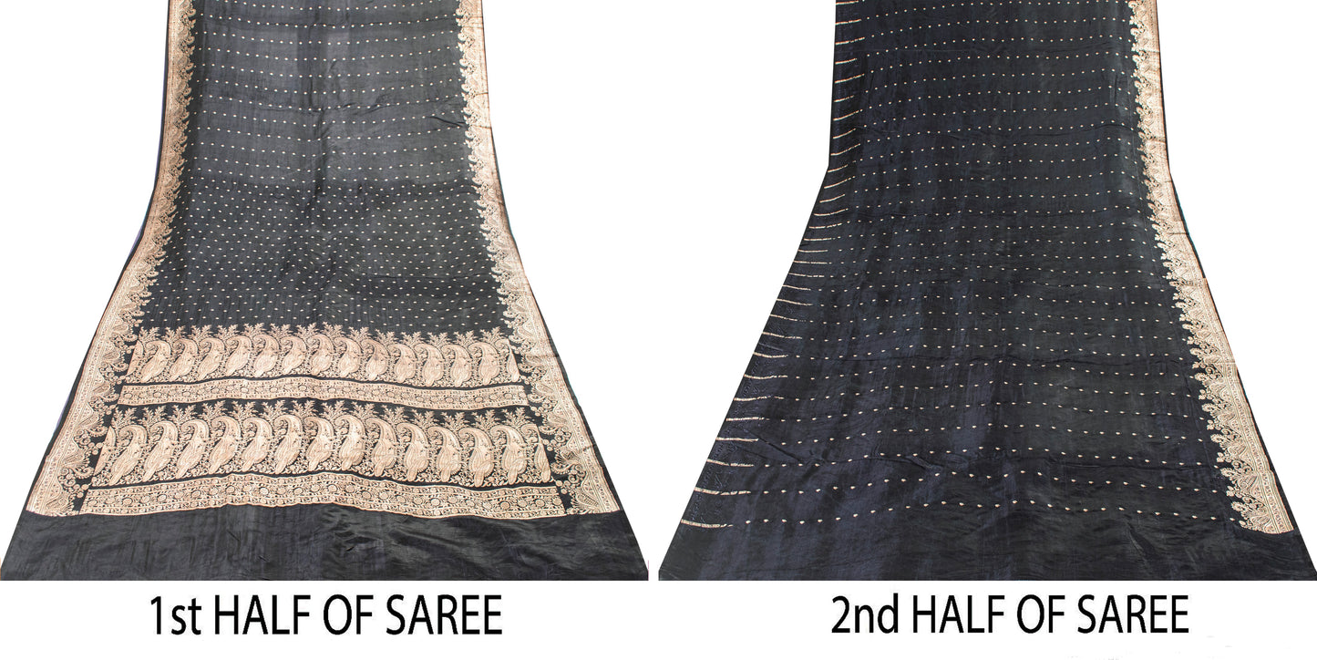 Sanskriti Vintage Saree Black 100% Pure Satin Silk Banarasi Brocade Zari Hand-Woven 5+Yd Create Dresses, Kaftan, Skirt, Tops, Projects