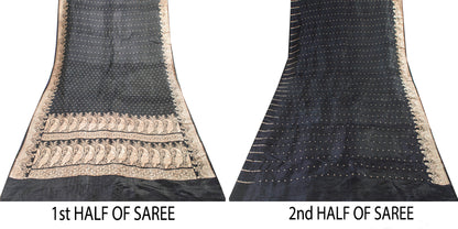Sanskriti Vintage Saree Black 100% Pure Satin Silk Banarasi Brocade Zari Hand-Woven 5+Yd Create Dresses, Kaftan, Skirt, Tops, Projects