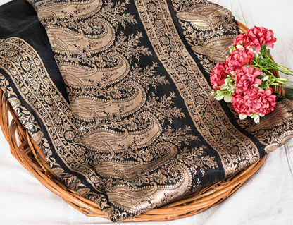 Sanskriti Vintage Saree Black 100% Pure Satin Silk Banarasi Brocade Zari Hand-Woven 5+Yd Create Dresses, Kaftan, Skirt, Tops, Projects