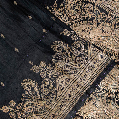 Sanskriti Vintage Saree Black 100% Pure Satin Silk Banarasi Brocade Zari Hand-Woven 5+Yd Create Dresses, Kaftan, Skirt, Tops, Projects