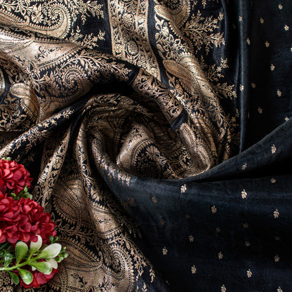 Sanskriti Vintage Saree Black 100% Pure Satin Silk Banarasi Brocade Zari Hand-Woven 5+Yd Create Dresses, Kaftan, Skirt, Tops, Projects