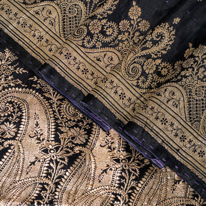 Sanskriti Vintage Saree Black 100% Pure Satin Silk Banarasi Brocade Zari Hand-Woven 5+Yd Create Dresses, Kaftan, Skirt, Tops, Projects