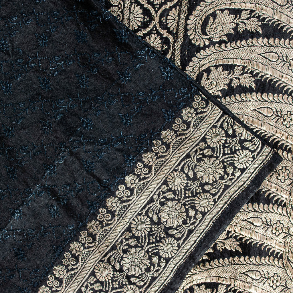 Sanskriti Vintage Black Pure Satin Sarees Banarasi Brocade Zari Handwoven 4.5+Yd