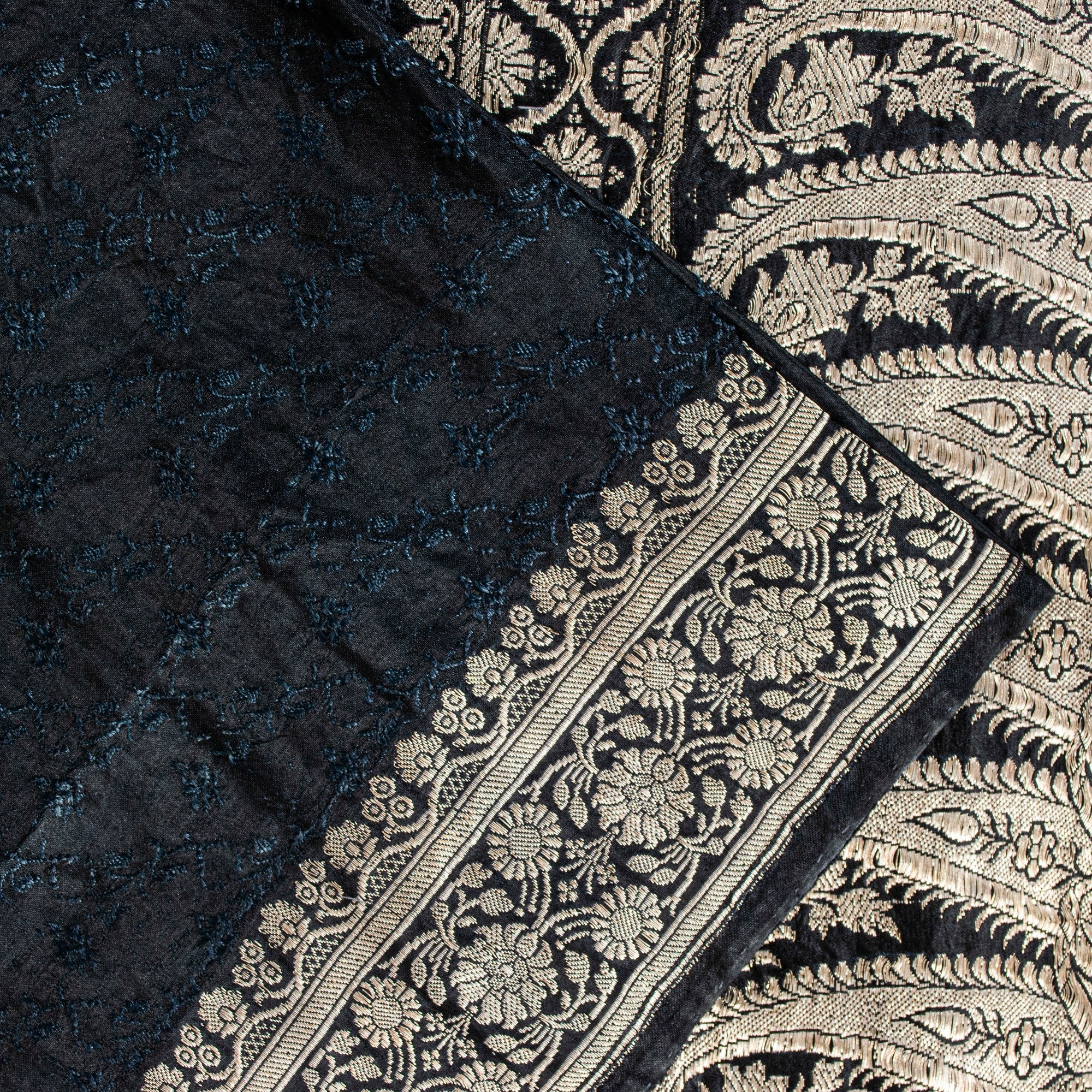 Sanskriti Vintage Black Pure Satin Sarees Banarasi Brocade Zari Handwoven 4.5+Yd