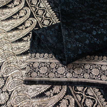 Sanskriti Vintage Black Pure Satin Sarees Banarasi Brocade Zari Handwoven 4.5+Yd