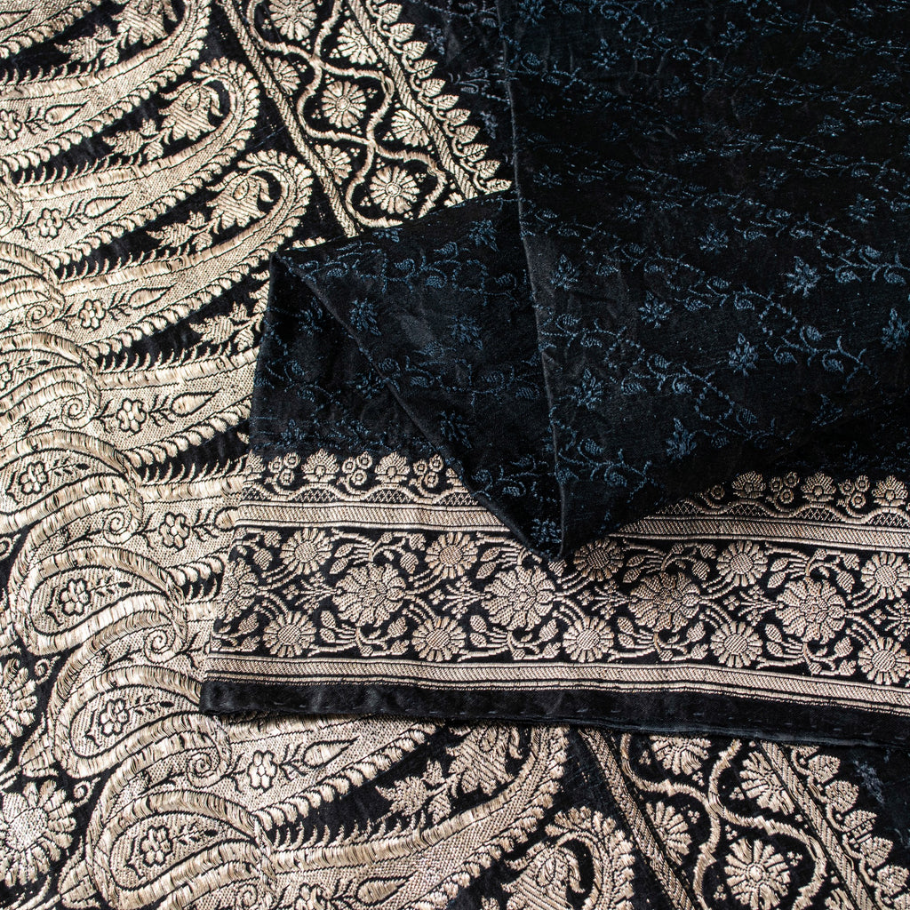 Sanskriti Vintage Black Pure Satin Sarees Banarasi Brocade Zari Handwoven 4.5+Yd