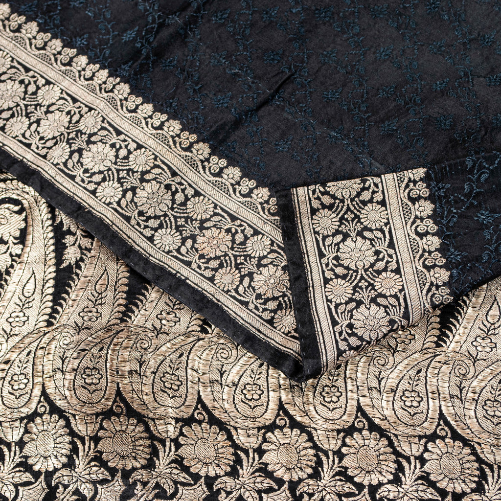 Sanskriti Vintage Black Pure Satin Sarees Banarasi Brocade Zari Handwoven 4.5+Yd