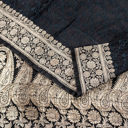Sanskriti Vintage Black Pure Satin Sarees Banarasi Brocade Zari Handwoven 4.5+Yd