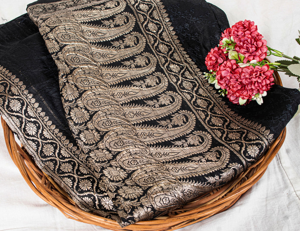 Sanskriti Vintage Black Pure Satin Sarees Banarasi Brocade Zari Handwoven 4.5+Yd