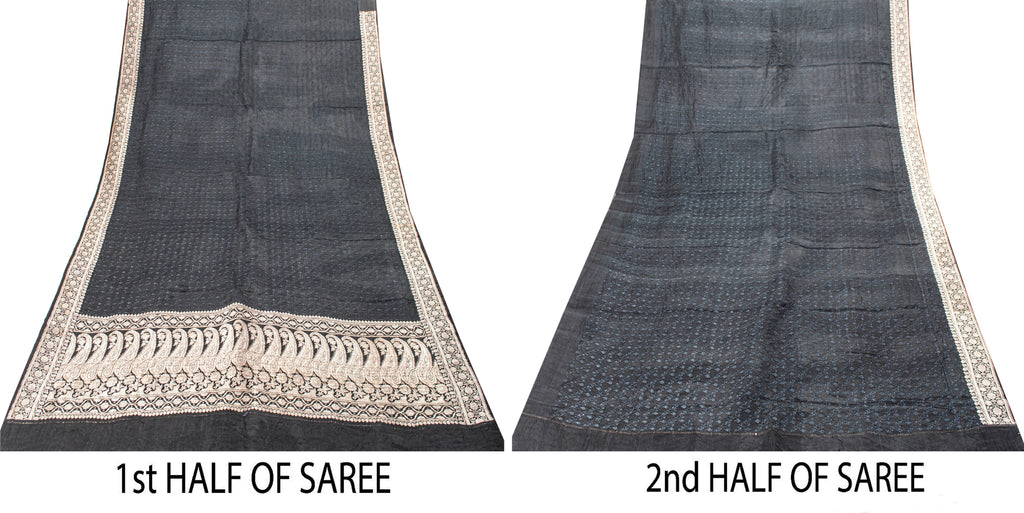 Sanskriti Vintage Black Pure Satin Sarees Banarasi Brocade Zari Handwoven 4.5+Yd