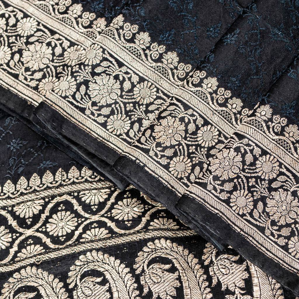 Sanskriti Vintage Black Pure Satin Sarees Banarasi Brocade Zari Handwoven 4.5+Yd