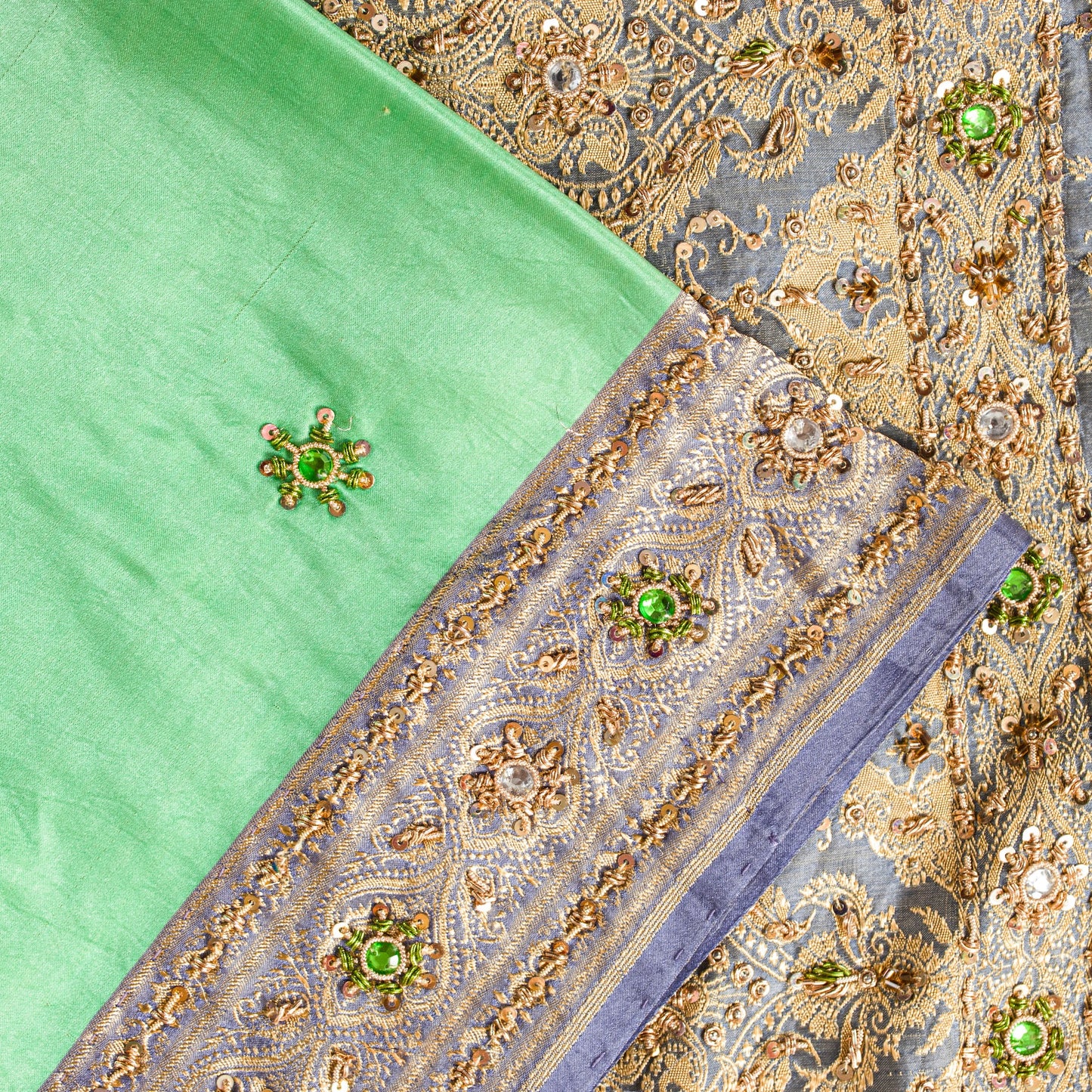Sanskriti Vintage Green Pure Satin Sarees Banarasi Brocade Hand-Woven Bead 5.5YD