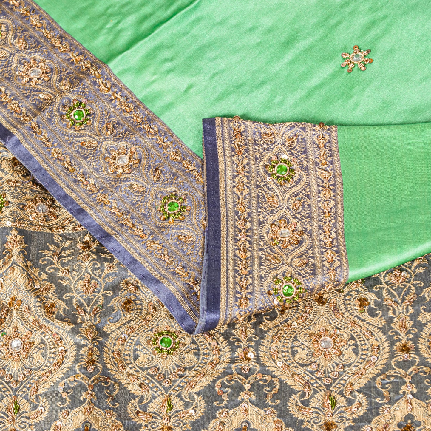 Sanskriti Vintage Green Pure Satin Sarees Banarasi Brocade Hand-Woven Bead 5.5YD