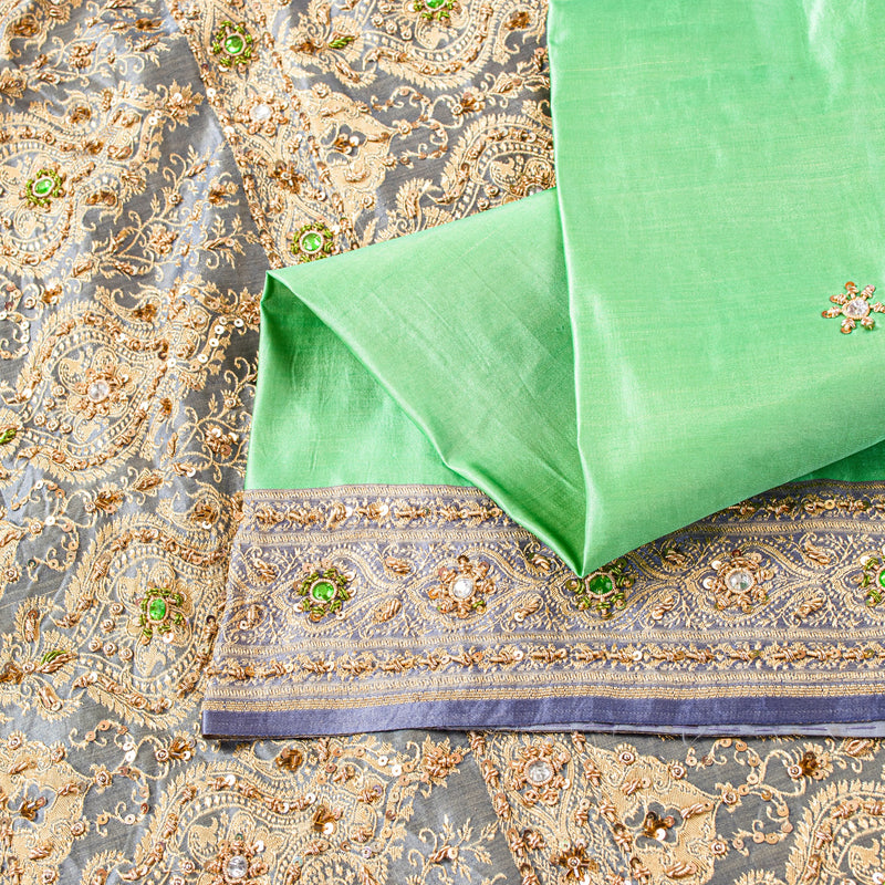 Sanskriti Vintage Green Pure Satin Sarees Banarasi Brocade Hand-Woven Bead 5.5YD