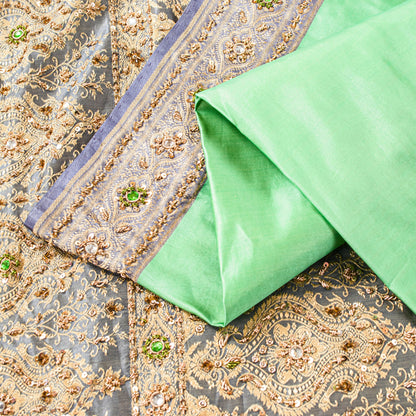 Sanskriti Vintage Green Pure Satin Sarees Banarasi Brocade Hand-Woven Bead 5.5YD