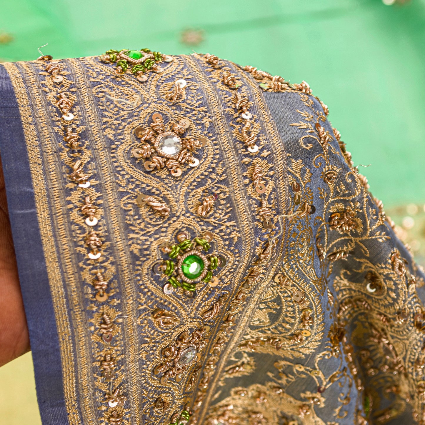 Sanskriti Vintage Green Pure Satin Sarees Banarasi Brocade Hand-Woven Bead 5.5YD