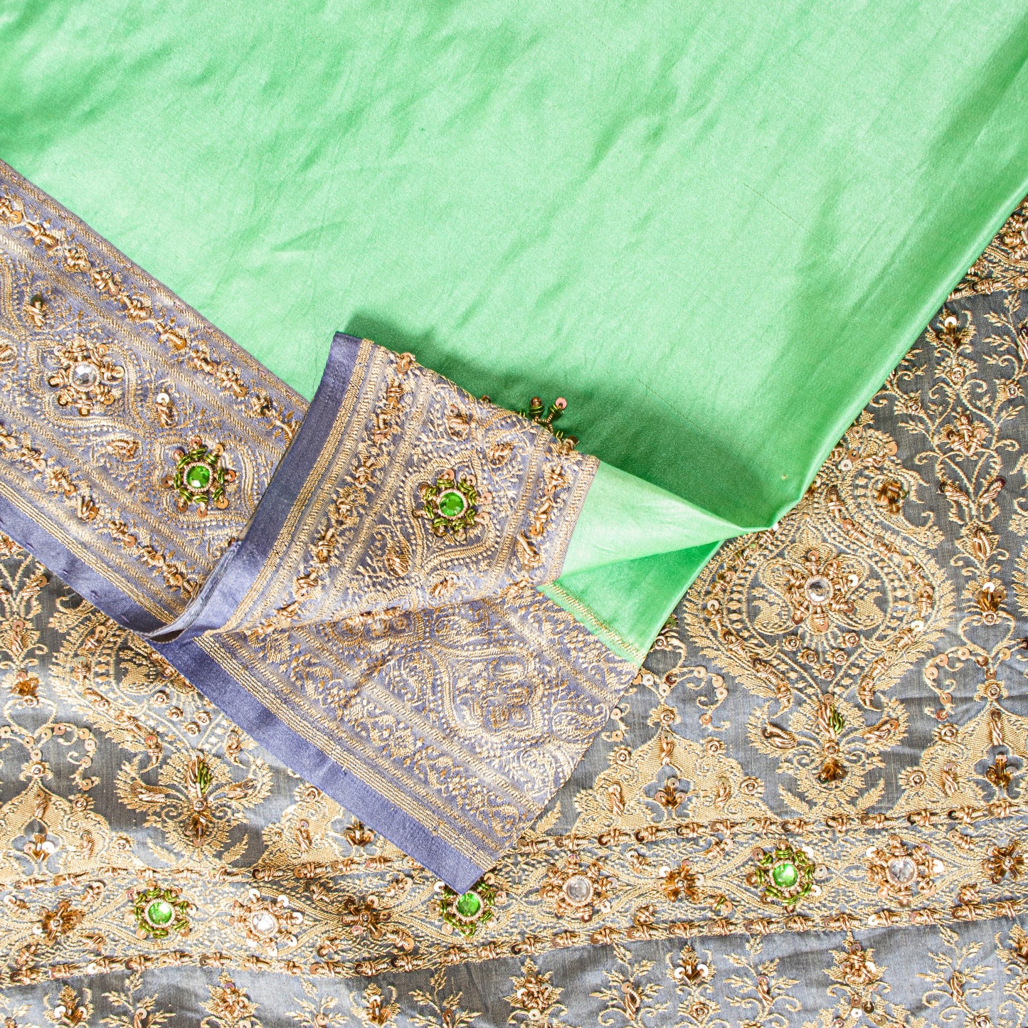 Sanskriti Vintage Green Pure Satin Sarees Banarasi Brocade Hand-Woven Bead 5.5YD