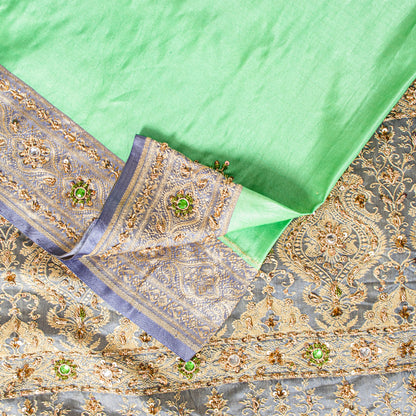 Sanskriti Vintage Green Pure Satin Sarees Banarasi Brocade Hand-Woven Bead 5.5YD