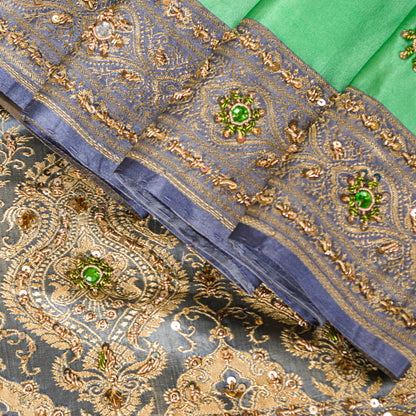 Sanskriti Vintage Green Pure Satin Sarees Banarasi Brocade Hand-Woven Bead 5.5YD