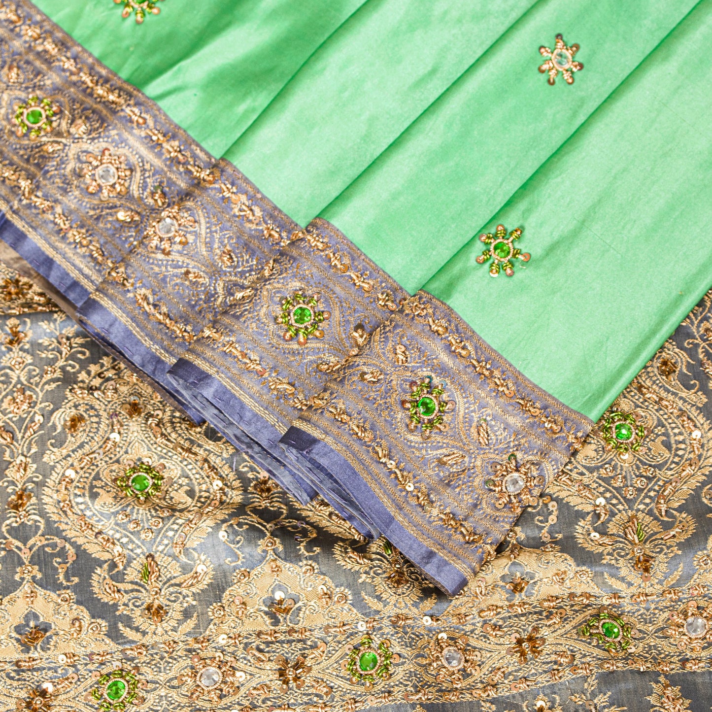 Sanskriti Vintage Green Pure Satin Sarees Banarasi Brocade Hand-Woven Bead 5.5YD