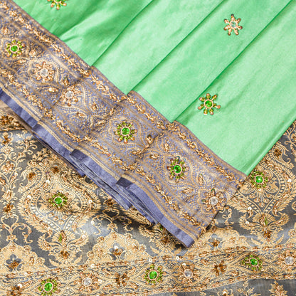 Sanskriti Vintage Green Pure Satin Sarees Banarasi Brocade Hand-Woven Bead 5.5YD