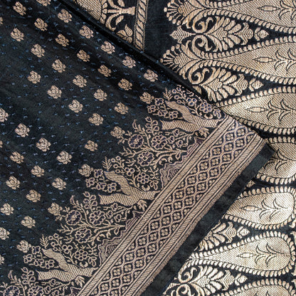 Sanskriti Vintage Black Pure Satin Sarees Banarasi Brocade Zari Handwoven 4.85YD