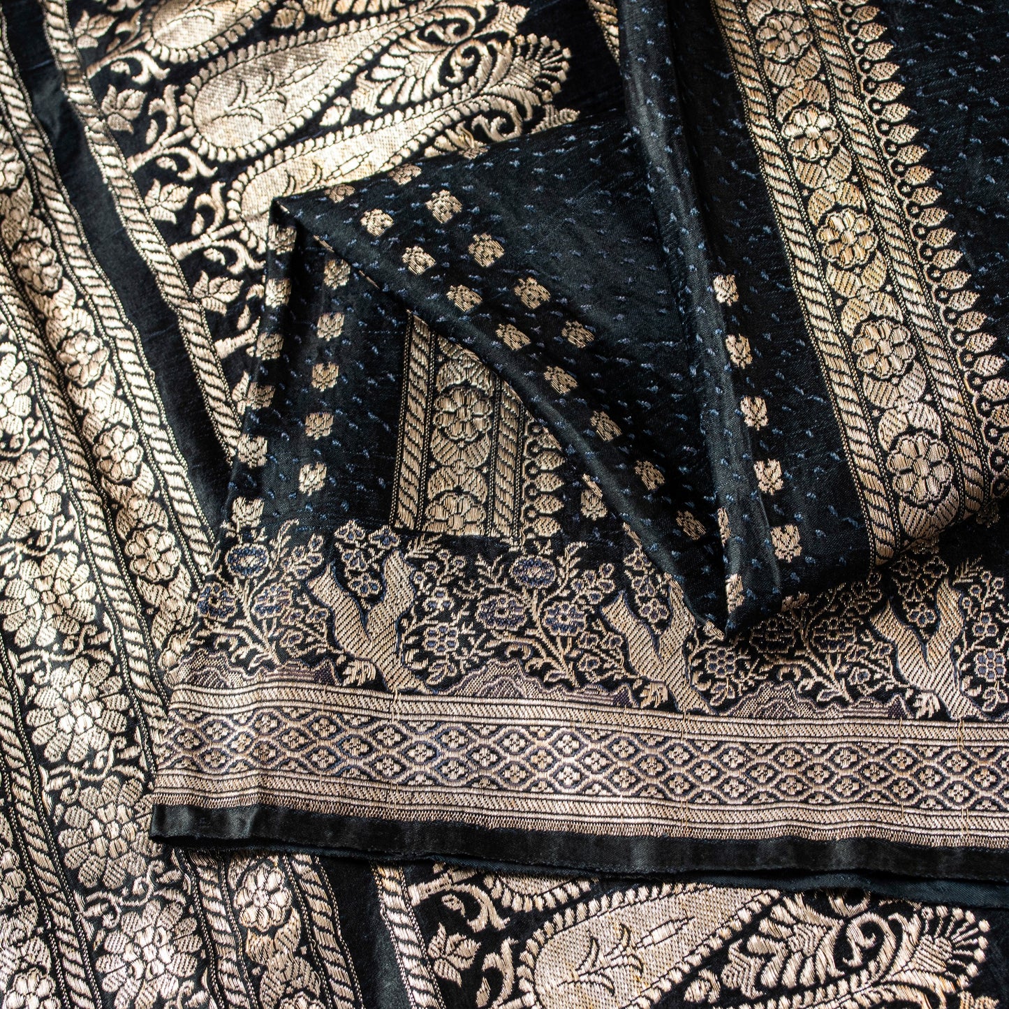 Sanskriti Vintage Black Pure Satin Sarees Banarasi Brocade Zari Handwoven 4.85YD
