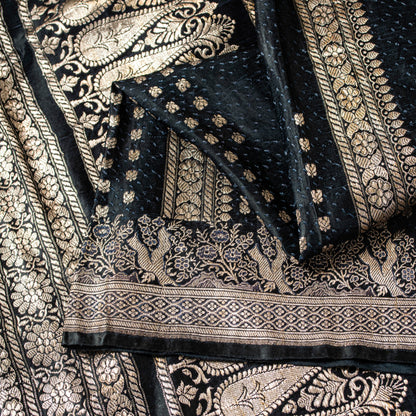 Sanskriti Vintage Black Pure Satin Sarees Banarasi Brocade Zari Handwoven 4.85YD