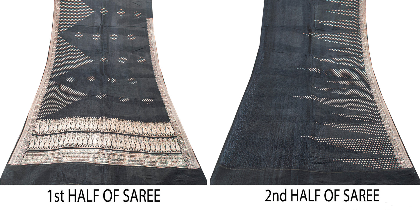 Sanskriti Vintage Black Pure Satin Sarees Banarasi Brocade Zari Handwoven 4.85YD