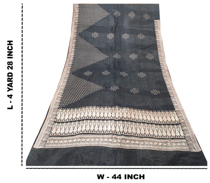 Sanskriti Vintage Black Pure Satin Sarees Banarasi Brocade Zari Handwoven 4.85YD
