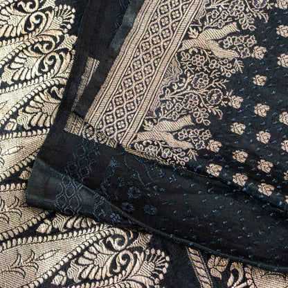 Sanskriti Vintage Black Pure Satin Sarees Banarasi Brocade Zari Handwoven 4.85YD