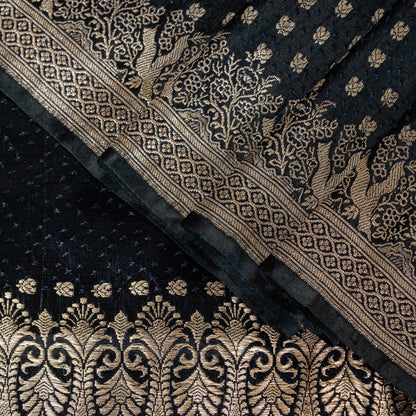 Sanskriti Vintage Black Pure Satin Sarees Banarasi Brocade Zari Handwoven 4.85YD