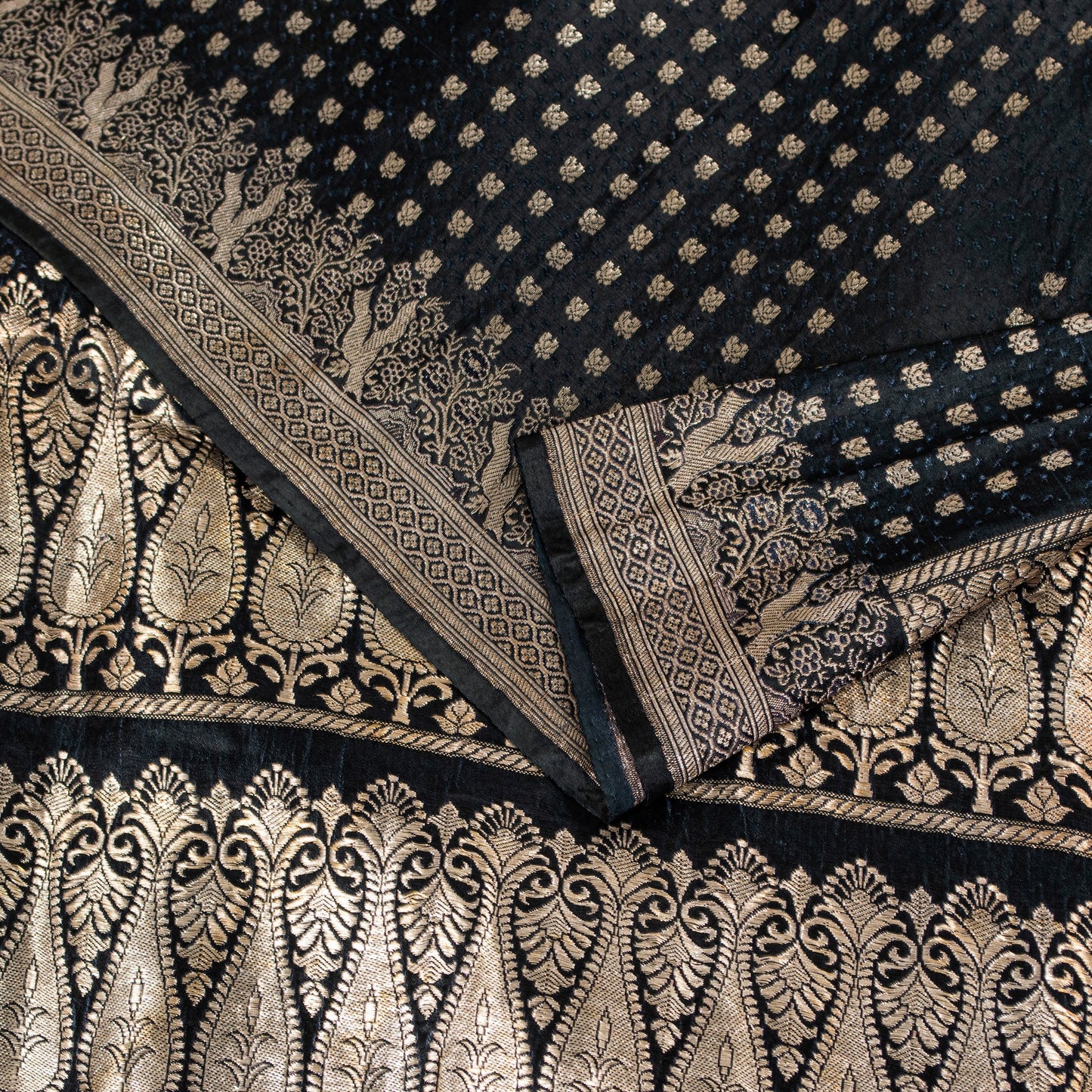 Sanskriti Vintage Black Pure Satin Sarees Banarasi Brocade Zari Handwoven 4.85YD