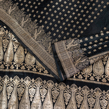 Sanskriti Vintage Black Pure Satin Sarees Banarasi Brocade Zari Handwoven 4.85YD