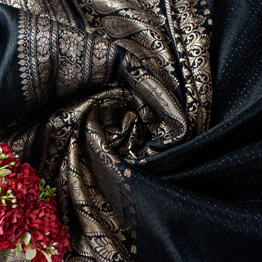 Sanskriti Vintage Black Pure Satin Sarees Banarasi Brocade Zari Handwoven 4.85YD