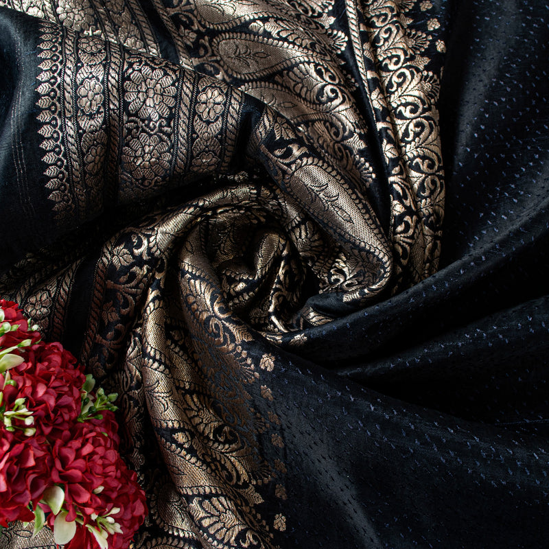 Sanskriti Vintage Black Pure Satin Sarees Banarasi Brocade Zari Handwoven 4.85YD
