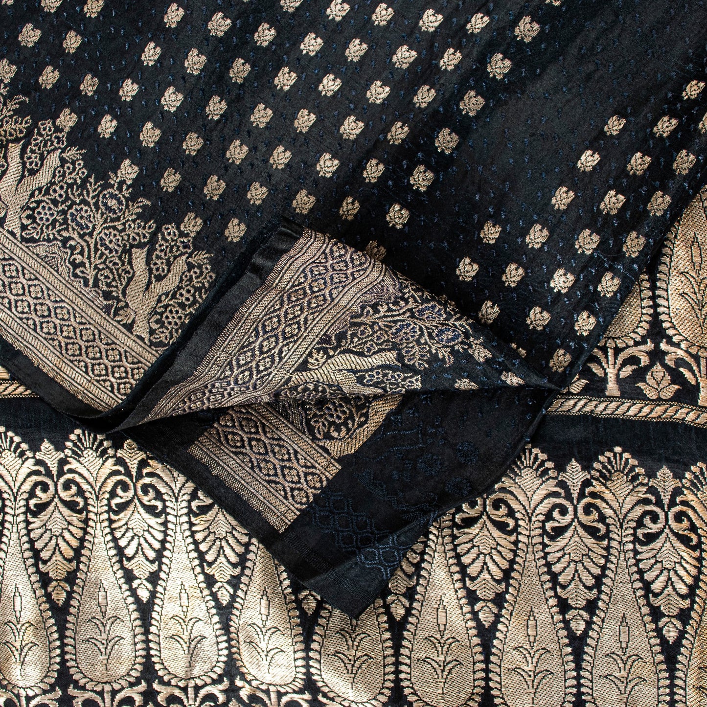 Sanskriti Vintage Black Pure Satin Sarees Banarasi Brocade Zari Handwoven 4.85YD