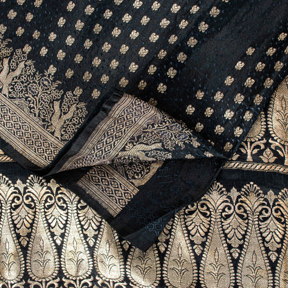 Sanskriti Vintage Black Pure Satin Sarees Banarasi Brocade Zari Handwoven 4.85YD