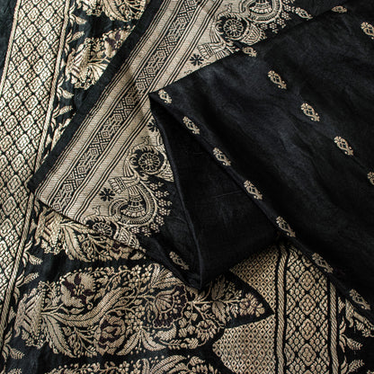 Sanskriti Vintage Black Pure Satin Sarees Banarasi Brocade Zari Hand-Woven 5+Yd