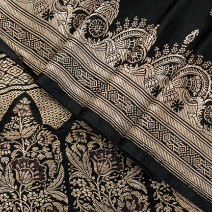 Sanskriti Vintage Black Pure Satin Sarees Banarasi Brocade Zari Hand-Woven 5+Yd