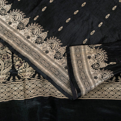 Sanskriti Vintage Black Pure Satin Sarees Banarasi Brocade Zari Hand-Woven 5+Yd