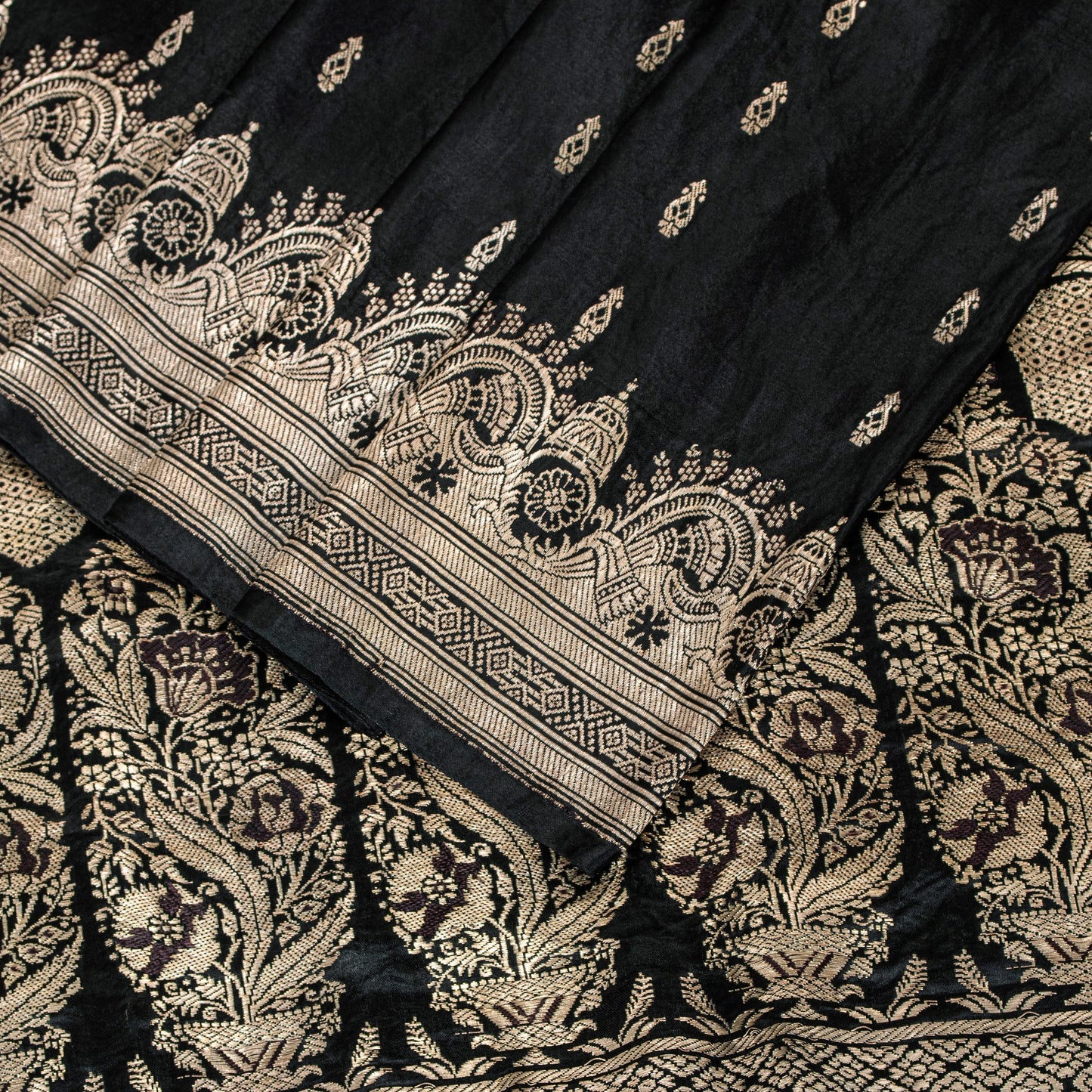Sanskriti Vintage Black Pure Satin Sarees Banarasi Brocade Zari Hand-Woven 5+Yd