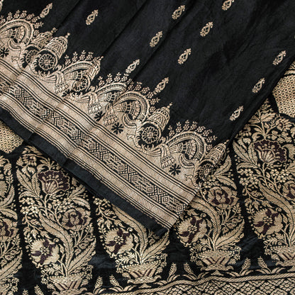 Sanskriti Vintage Black Pure Satin Sarees Banarasi Brocade Zari Hand-Woven 5+Yd