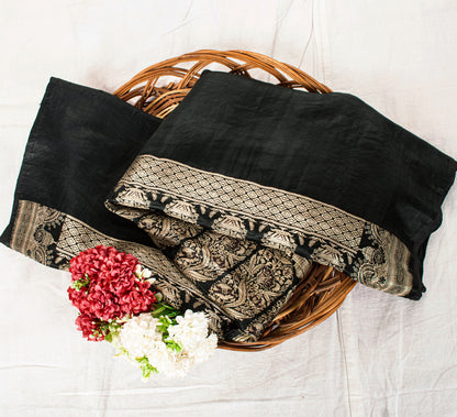 Sanskriti Vintage Black Pure Satin Sarees Banarasi Brocade Zari Hand-Woven 5+Yd