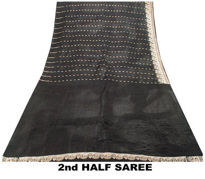 Sanskriti Vintage Black Pure Satin Sarees Banarasi Brocade Zari Hand-Woven 5+Yd