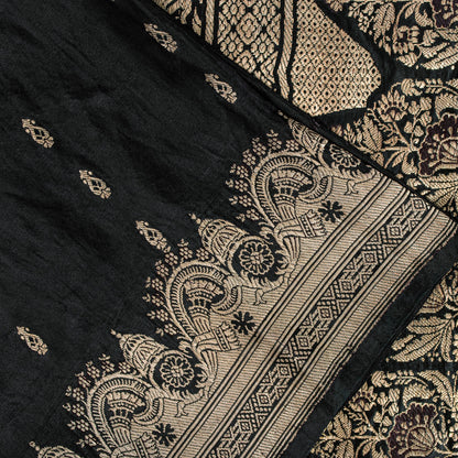 Sanskriti Vintage Black Pure Satin Sarees Banarasi Brocade Zari Hand-Woven 5+Yd