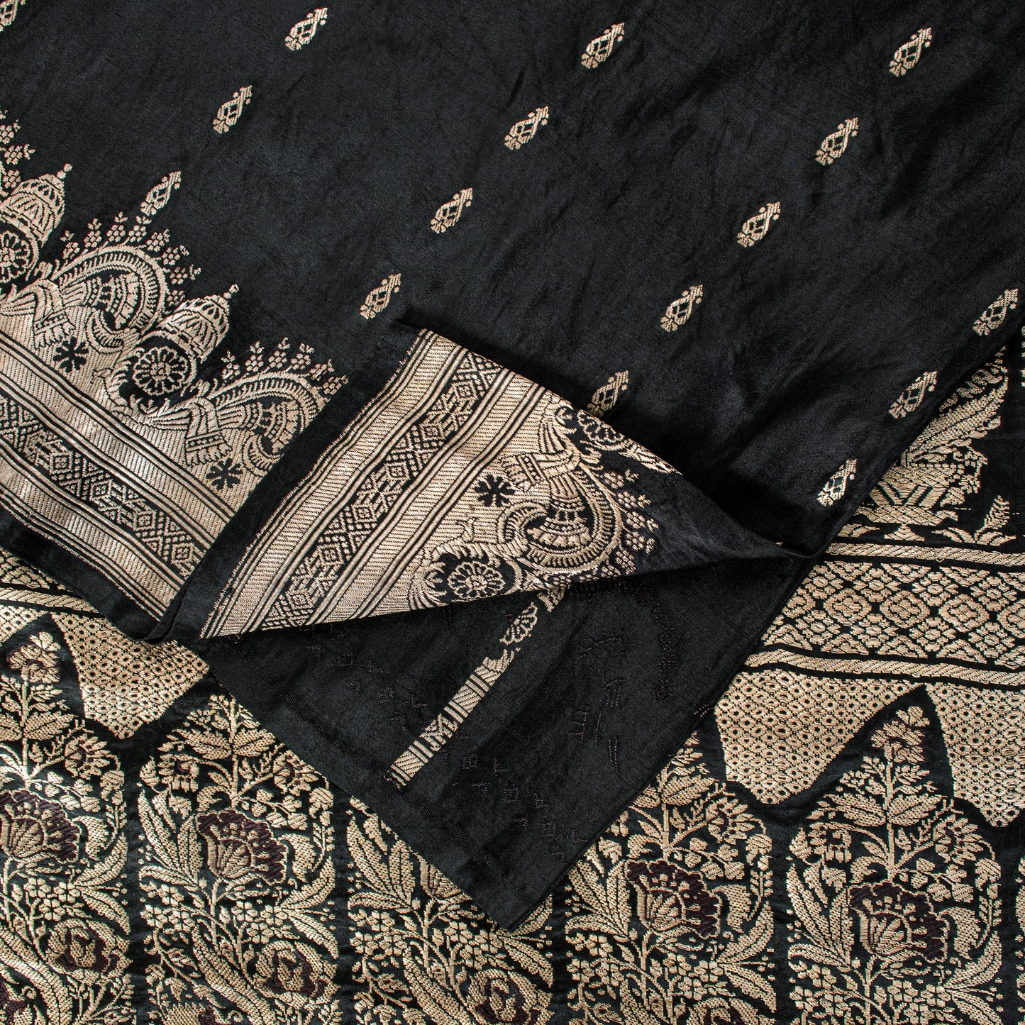 Sanskriti Vintage Black Pure Satin Sarees Banarasi Brocade Zari Hand-Woven 5+Yd