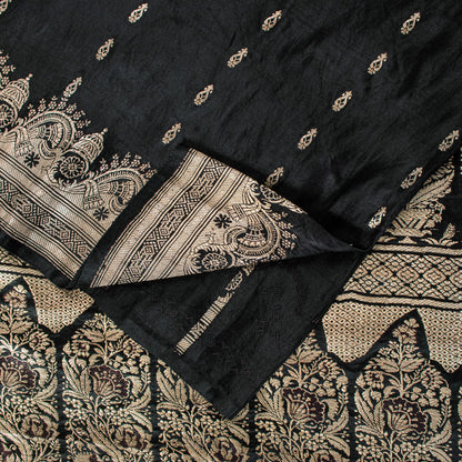 Sanskriti Vintage Black Pure Satin Sarees Banarasi Brocade Zari Hand-Woven 5+Yd