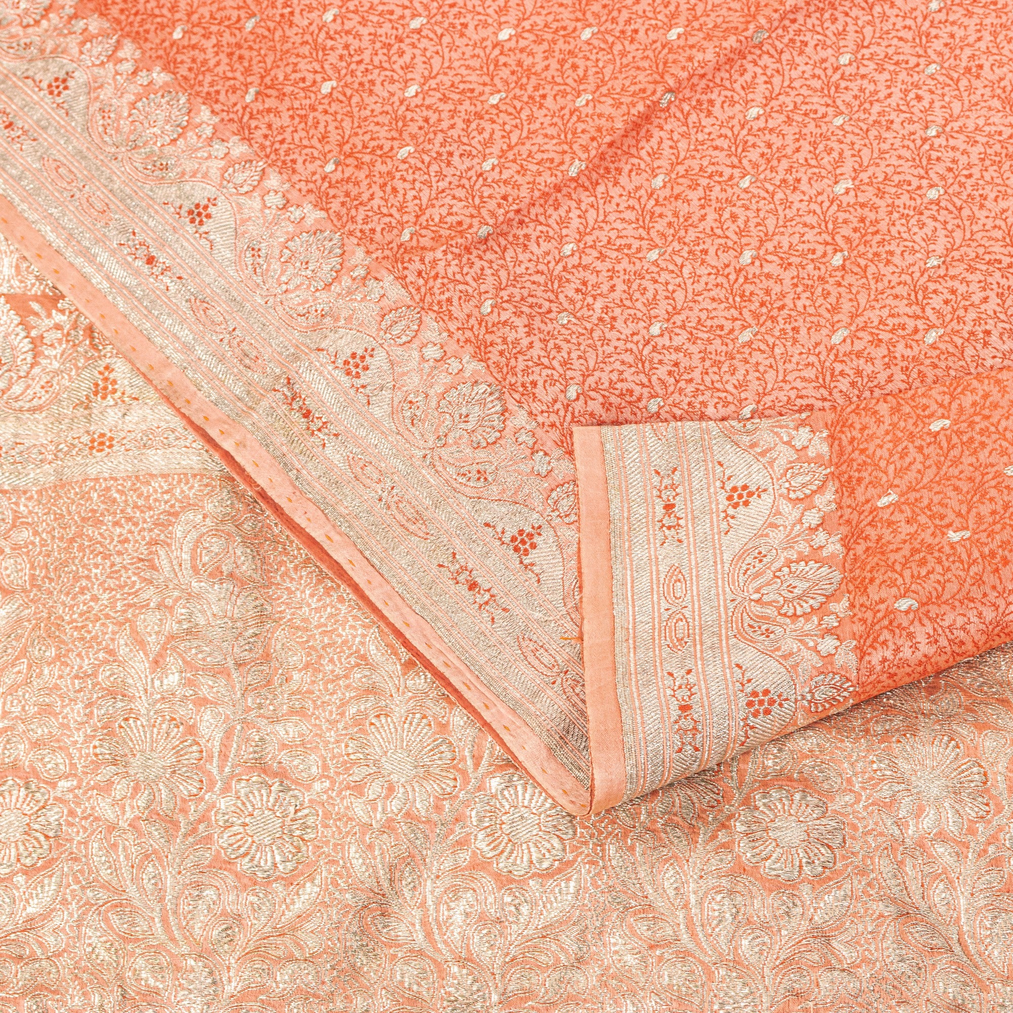 Sanskriti Vintage Coral Pure Satin Sarees Banarasi Brocade Zari Hand-Woven 5+YD