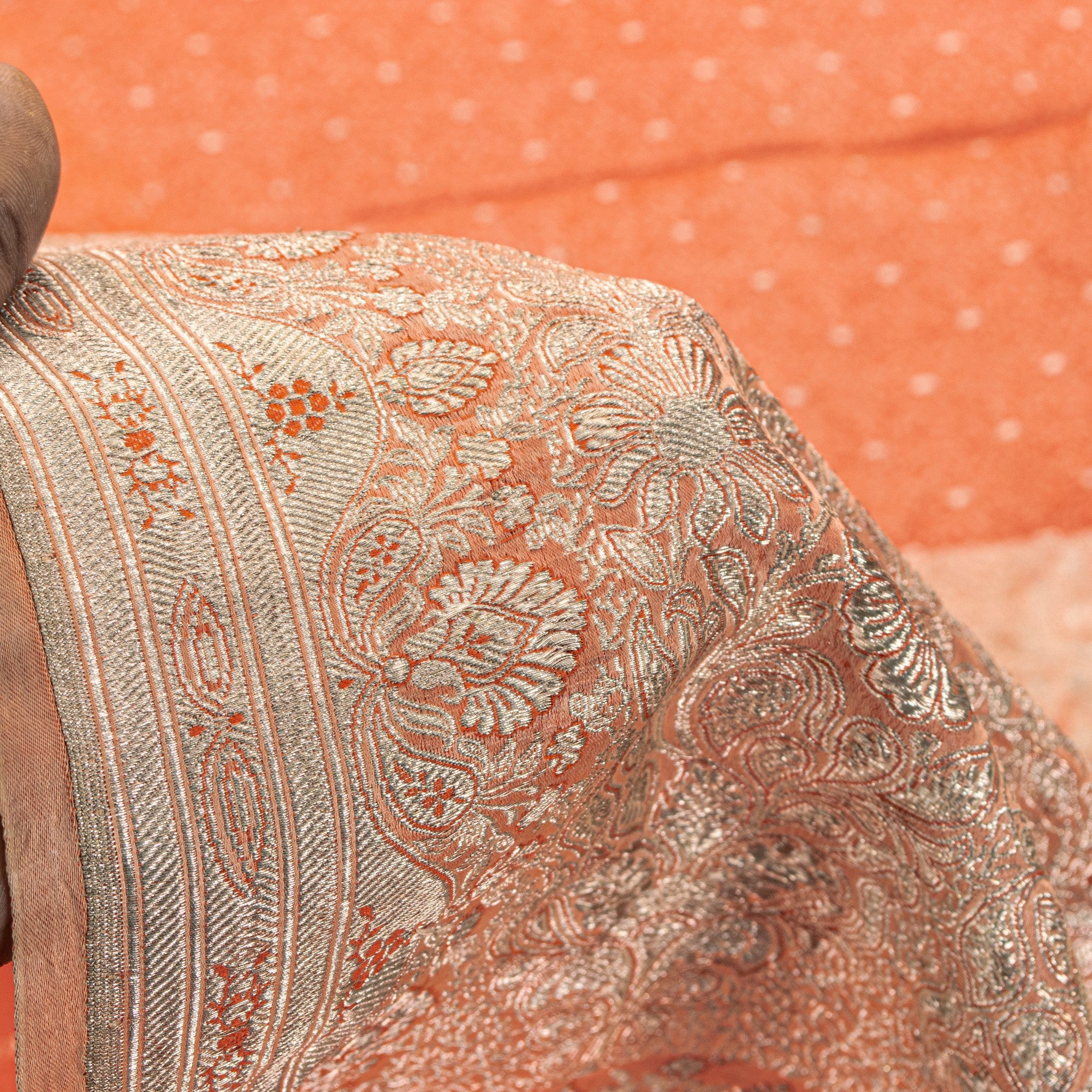 Sanskriti Vintage Coral Pure Satin Sarees Banarasi Brocade Zari Hand-Woven 5+YD